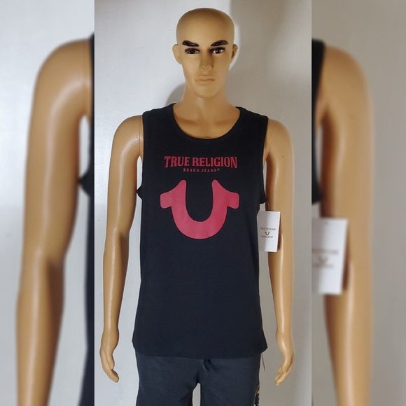 TRUE RELIGION AUTHENT LOUNGEWEAR TANK TOP MEN'S HORSESHOE RED LOGO SIZE S BLACK - Picture 4 of 6